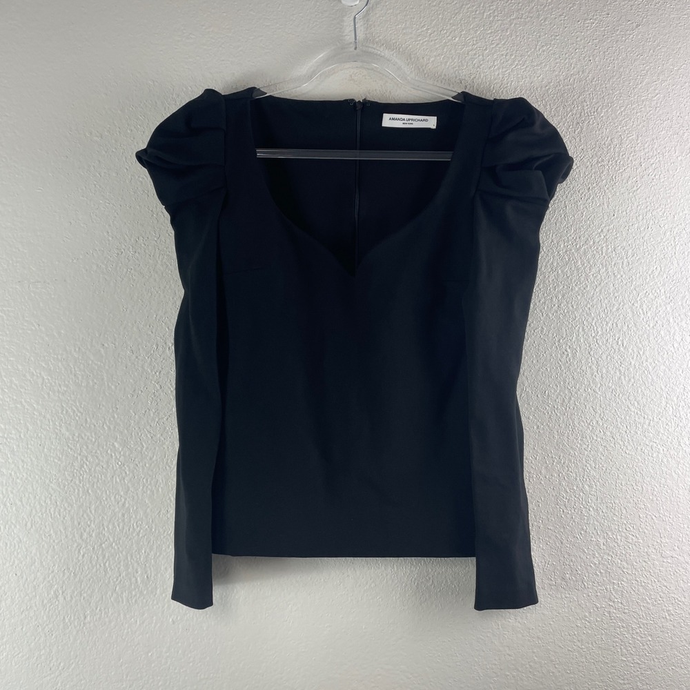 Amanda Uprichard Black Puff Shoulder Sweetheart Top Size S Chic Minimalist